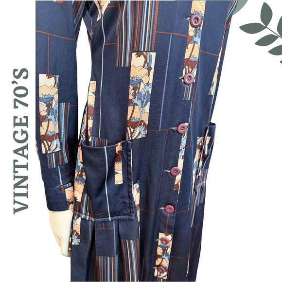 Vintage 70s Leo-Danal for Normie Hum Navy Blue Abstract Floral Shirt Dress Midi - Picture 6 of 10